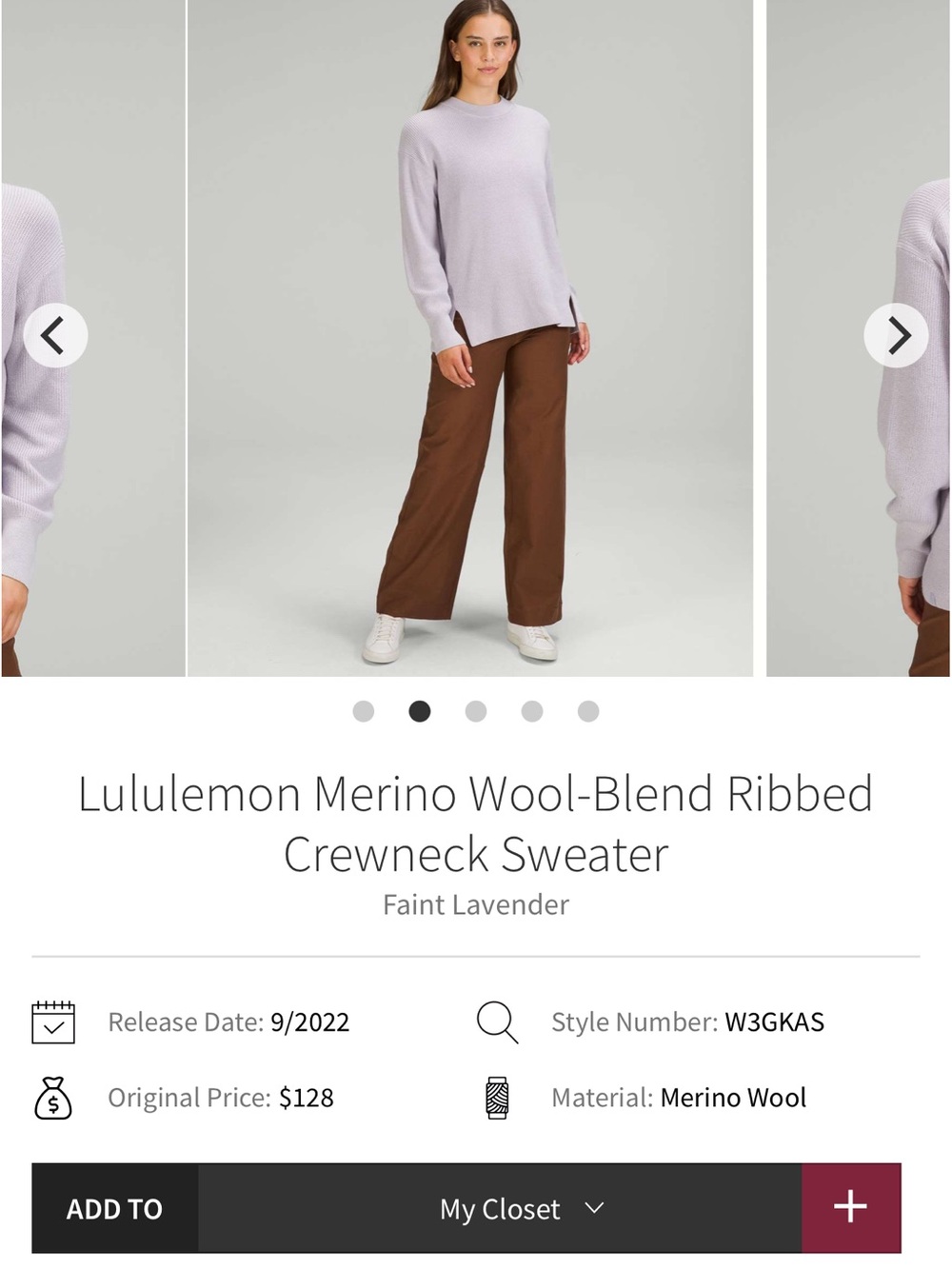 Woman’s size 6 lululemon Ribbed Merino Crewneck Sweater in Faint Lavender